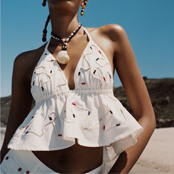 Zara Embroidered Crop top Ruffle hem Size Large NWT - Picture 2 of 6